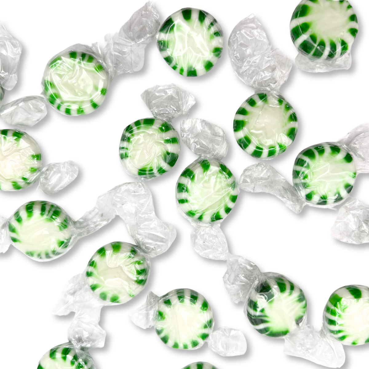 Bulk Starlight Spearmint Hard Candy from Candy In Bulk, showing bright green spearmint candies in a clear bag.