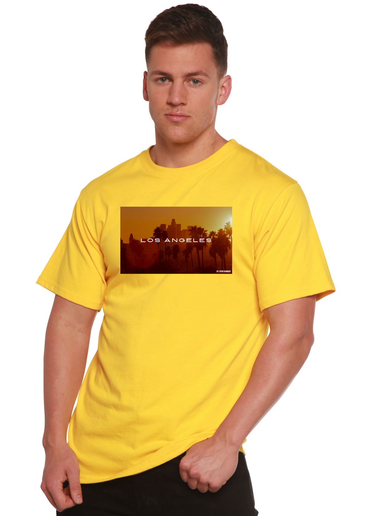 Men's Los Angeles graphic T-shirt by Spun Bamboo, featuring a printed design on bamboo viscose and organic cotton short sleeve tee.