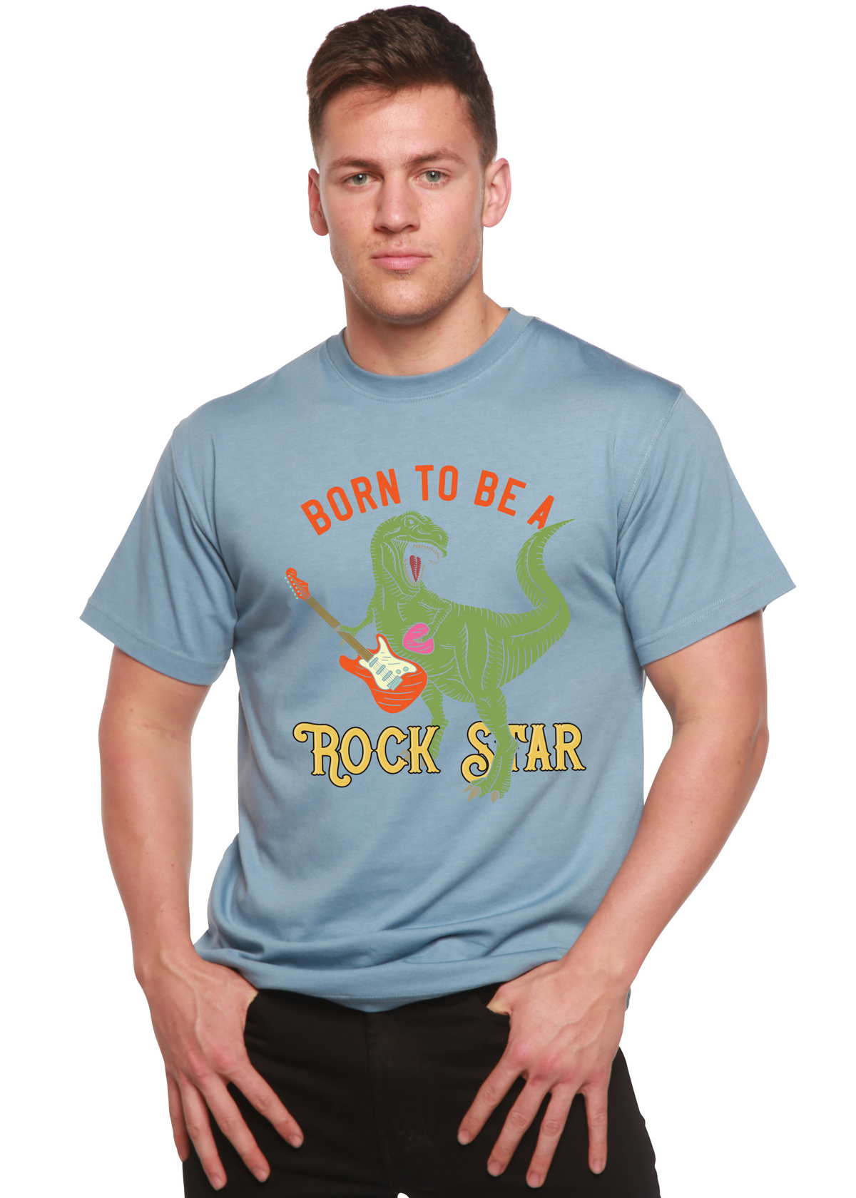Spun Bamboo men's graphic T-shirt with "Born To Be A Rock Star" print, made from bamboo viscose and organic cotton, short sleeve.