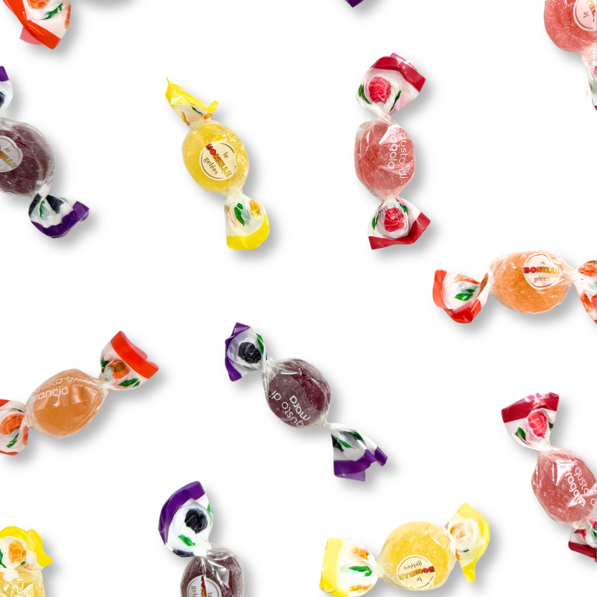 Assorted fruit-flavored Bonelle Fruit Jelly Candy in a bulk bag, showing colorful, chewy jelly candies from Candy In Bulk.