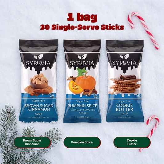 Syruvia Sugar Free Brown Sugar Cinnamon, Pumpkin Spice, and Cookie Butter syrup pouches with colorful packaging and branding.