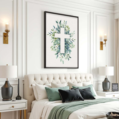 Canvas wall art featuring an evergreen cross design by Tailored Canvases, suitable for faith-inspired home decor.