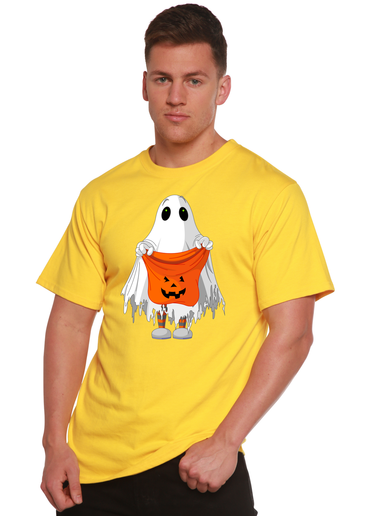Men's Boo Halloween graphic T-shirt by Spun Bamboo, short sleeve, bamboo viscose and organic cotton fabric, featuring Halloween-inspired print.