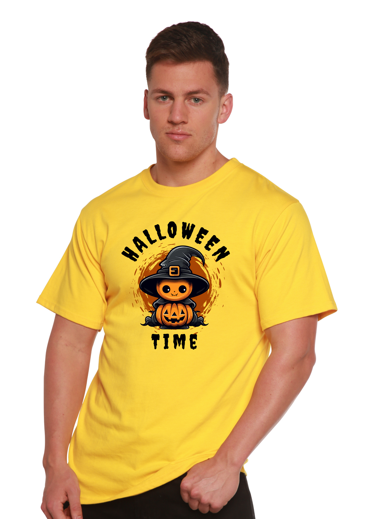 Mens printed Halloween Time unisex bamboo viscose organic cotton short sleeve graphic T-shirt by Spun Bamboo, featuring Halloween-themed design.