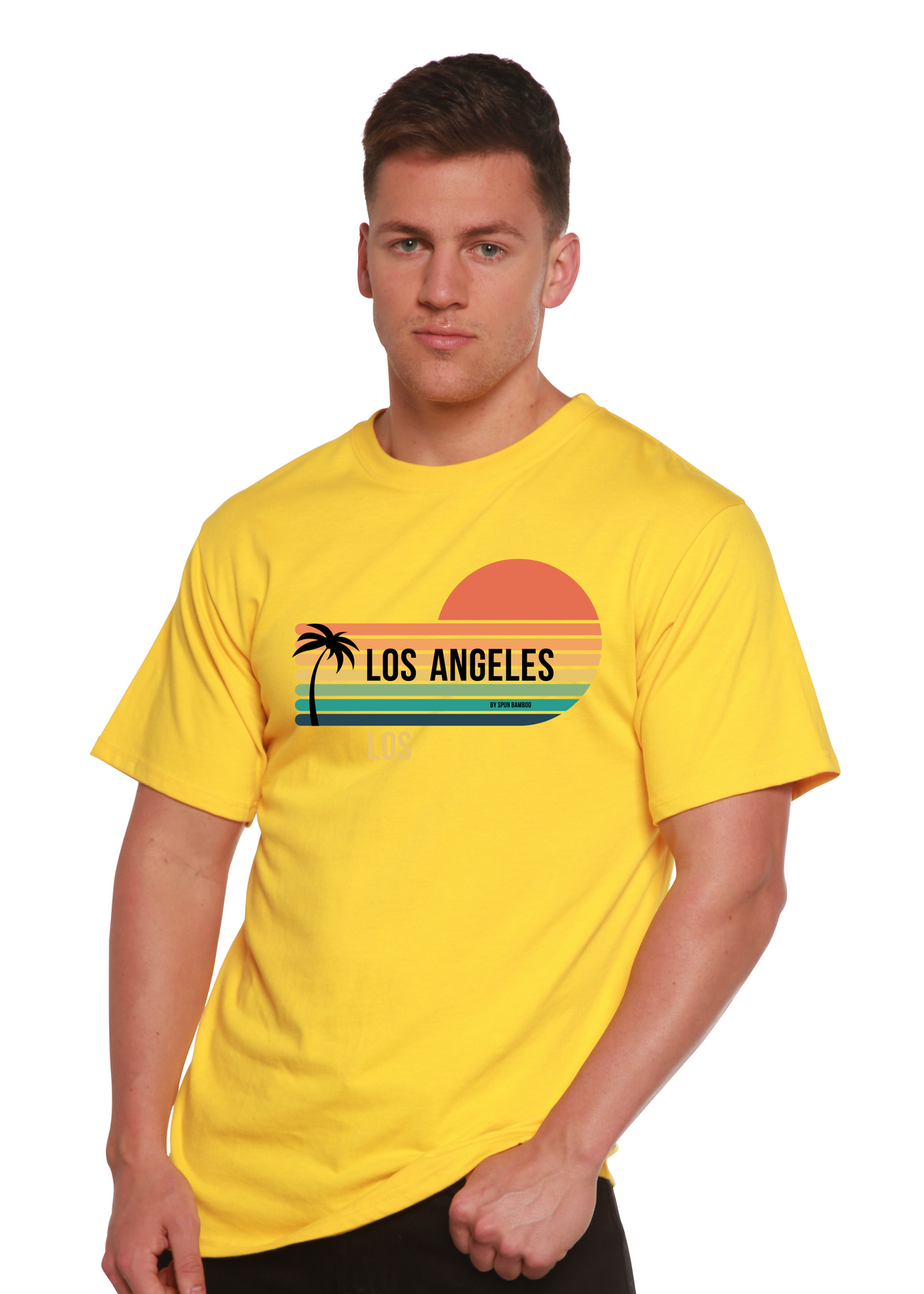 Men's graphic T-shirt by Spun Bamboo featuring a colorful printed design on lightweight bamboo viscose and organic cotton fabric.