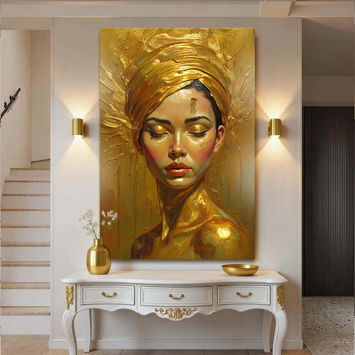 Golden Serenity Wall Art canvas featuring a calming abstract design, perfect for enhancing a woman's living space.