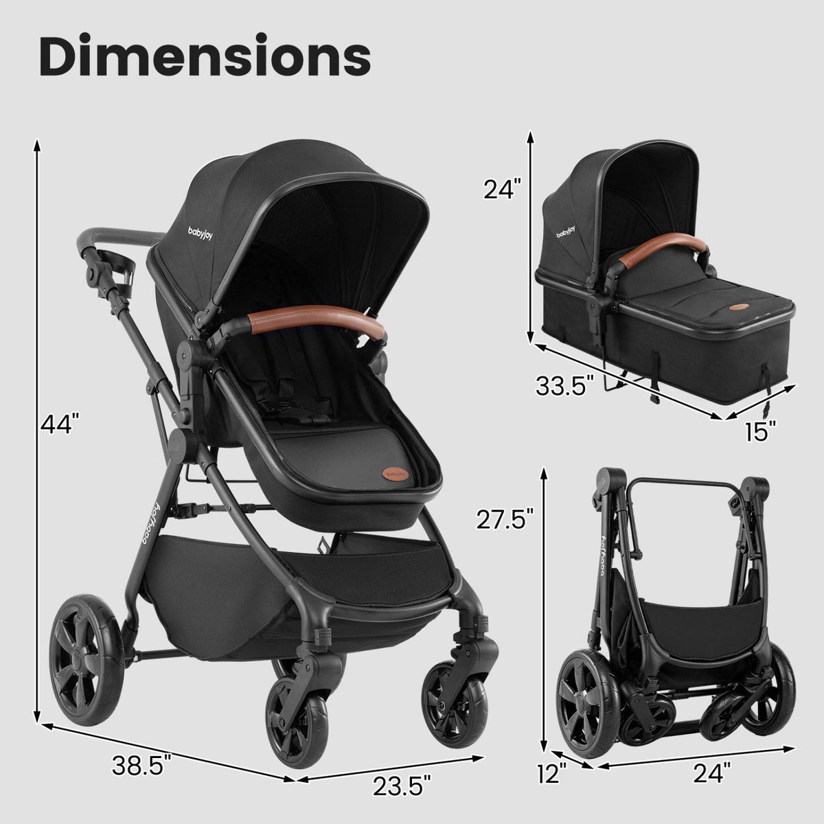 GBruno Store 2-in-1 convertible baby stroller with car seat adapters, foldable design and adjustable handlebar for easy strolling.
