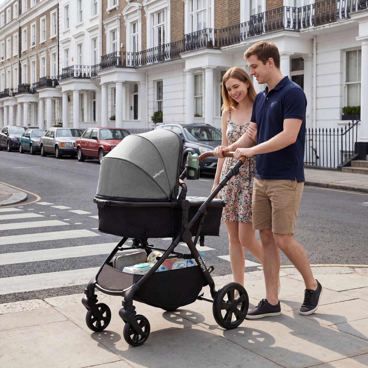 GBruno Store 2-in-1 convertible baby stroller with car seat adapters, featuring adjustable handle and secure harness system.