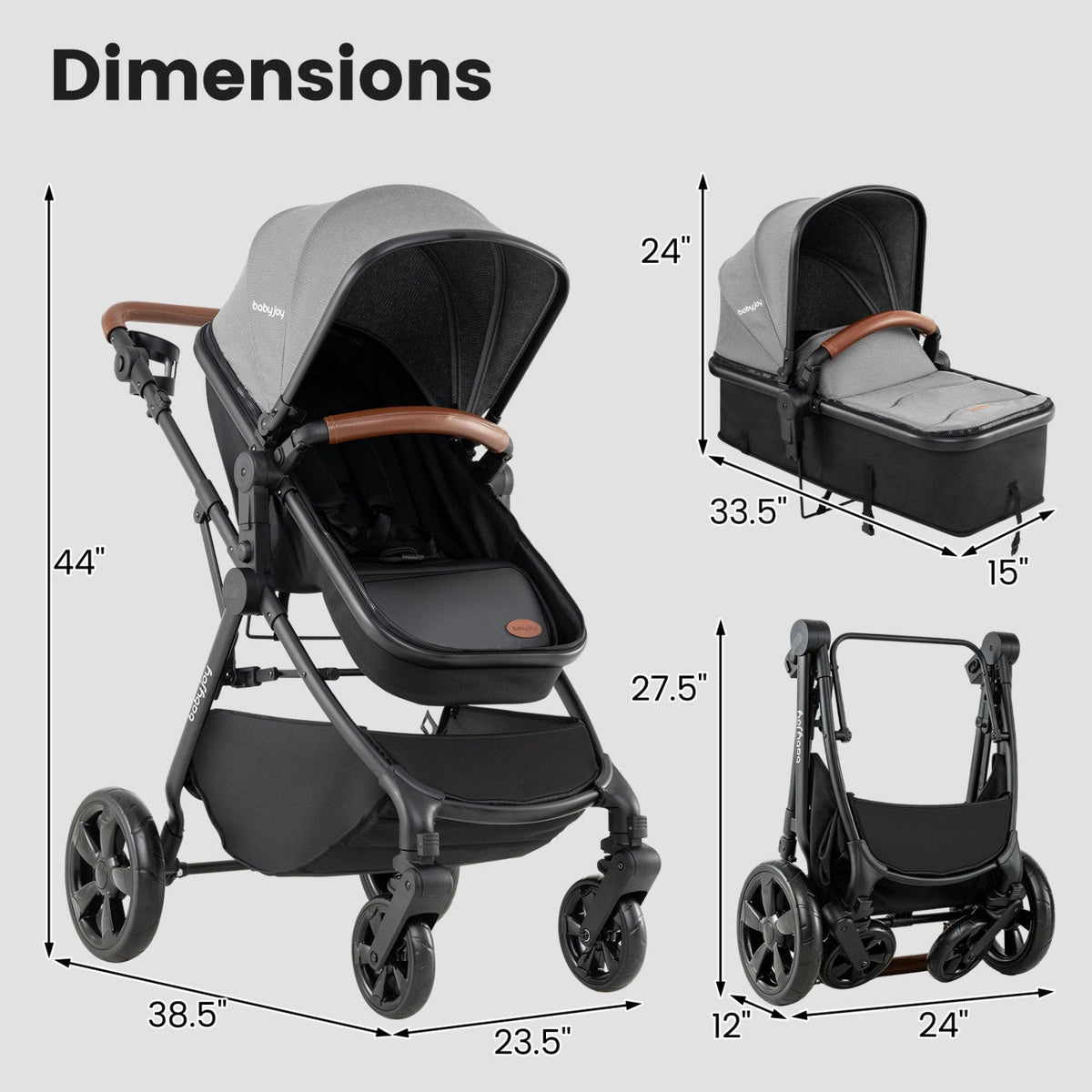 GBruno Store 2-in-1 convertible baby stroller with car seat adapters, featuring a sleek design and adjustable handlebar.