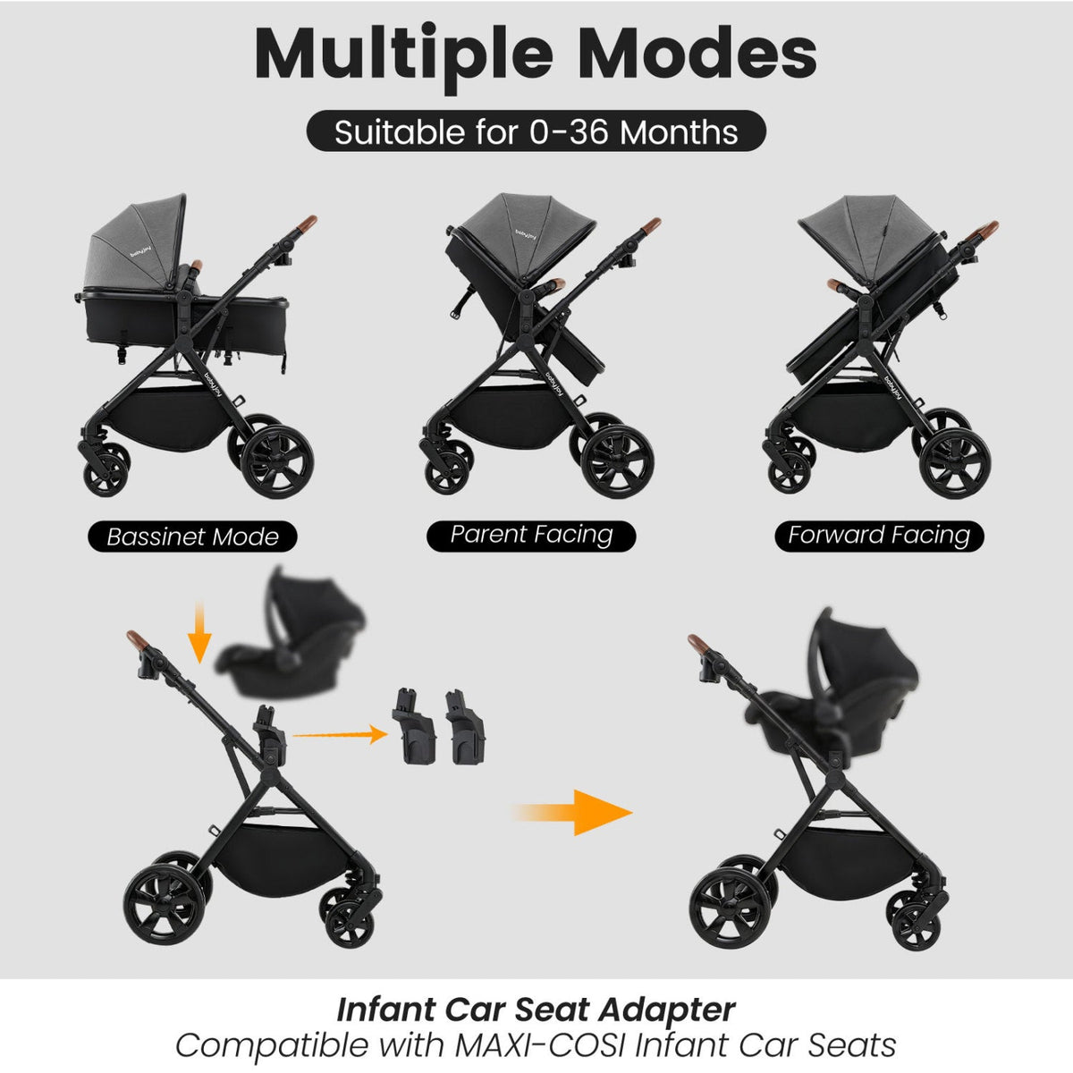 GBruno Store 2-in-1 convertible baby stroller with car seat adapters, featuring adjustable canopy and padded seat for comfort.