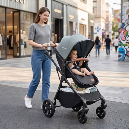 GBruno Store 2-in-1 convertible baby stroller with car seat adapters, featuring a sleek design and adjustable handle.