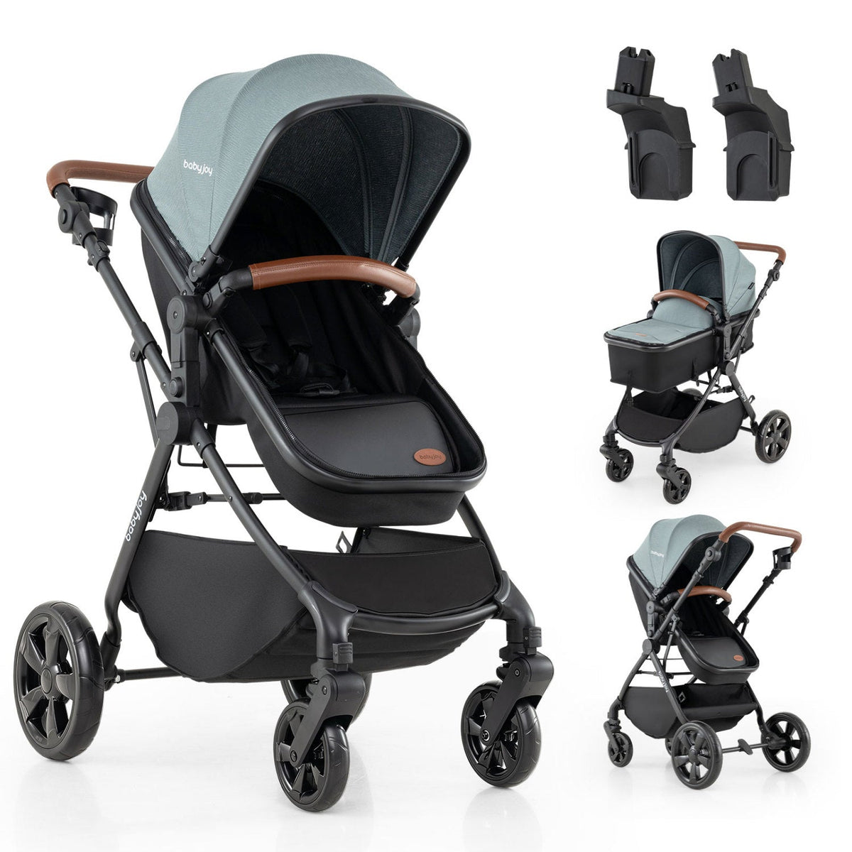 GBruno Store 2-in-1 convertible baby stroller with car seat adapters, black frame and padded seating for infants and toddlers.