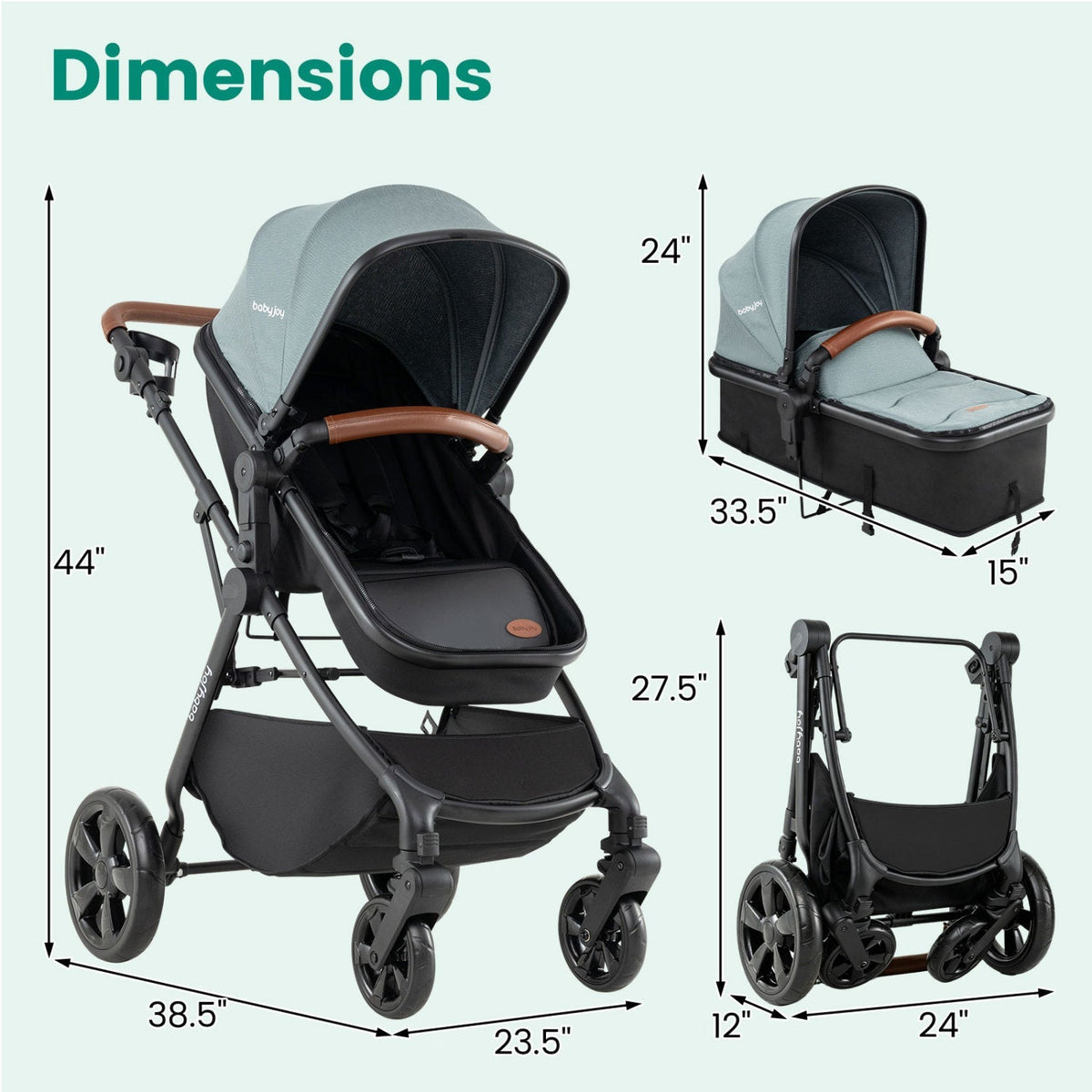GBruno Store 2-in-1 convertible baby stroller with car seat adapters, featuring adjustable handle and multi-position seat.