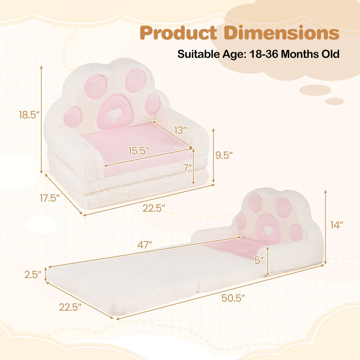 GBruno Store 2-in-1 convertible kids sofa and lounger with removable cover, showing soft fabric and versatile design for children.