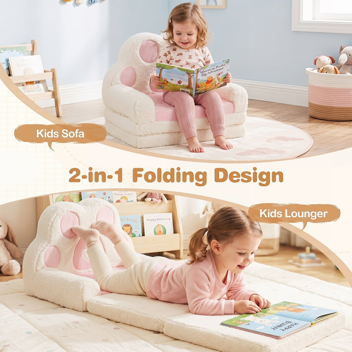 Kids sofa by GBruno Store, 2-in-1 convertible design turning into a lounger with a removable cover for easy cleaning.