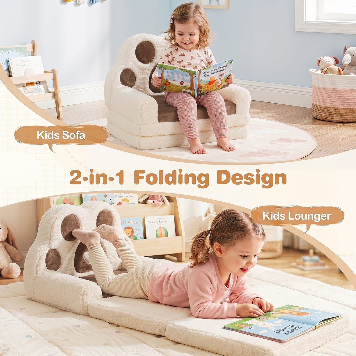 Kids sofa by GBruno Store, convertible 2-in-1 design with removable cover, showing a cozy, child-friendly sofa and lounger in soft fabric.