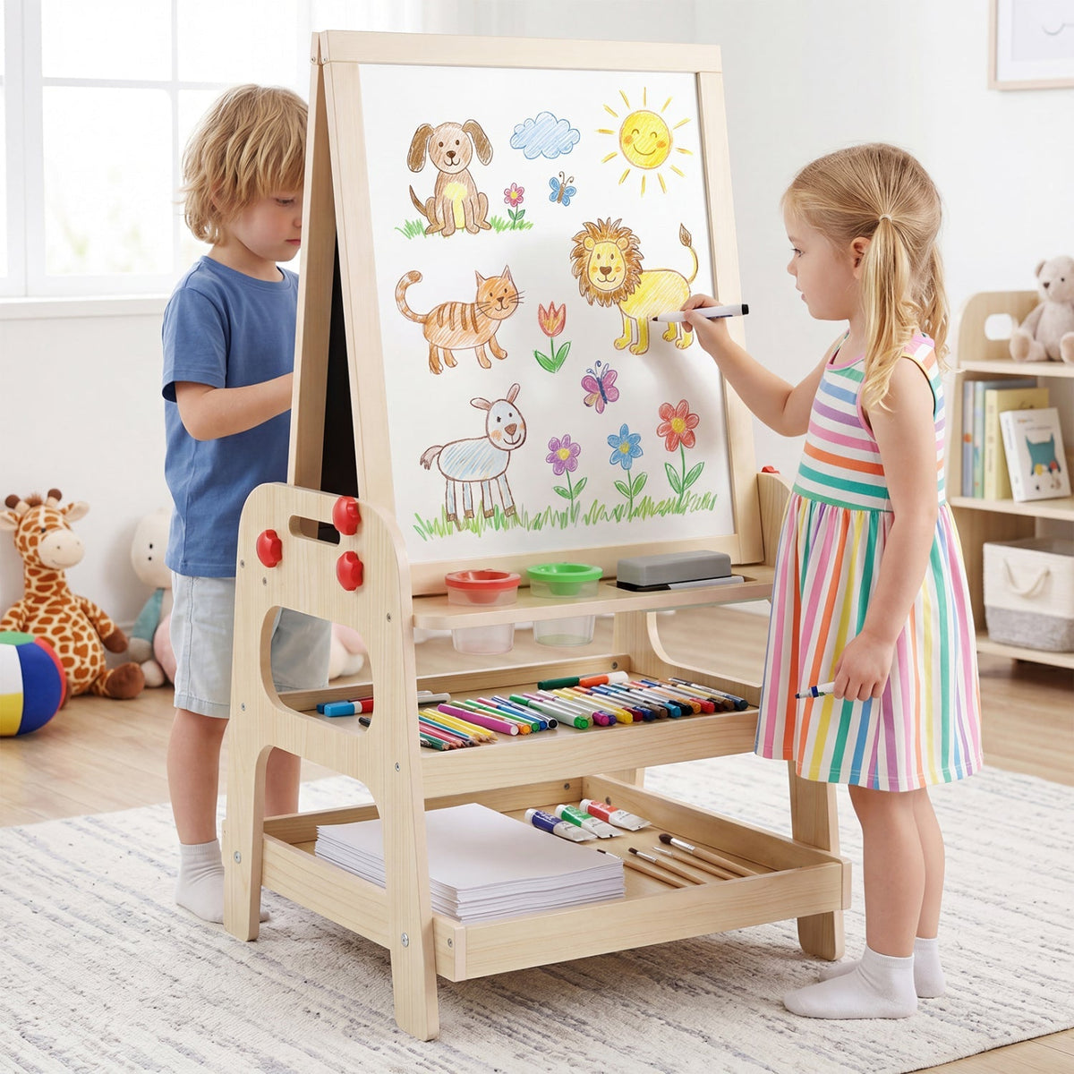 Kids art easel by GBruno Store featuring a magnetic whiteboard and marble run for creative play and drawing activities.