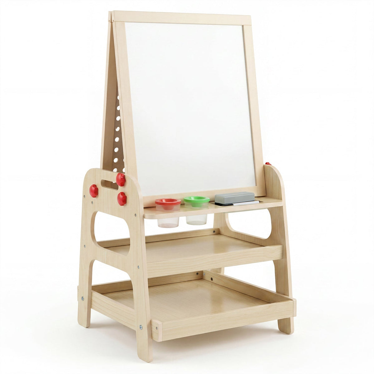 Kids art easel with magnetic whiteboard and marble run, featuring colorful panels and sturdy wooden frame for creative play.