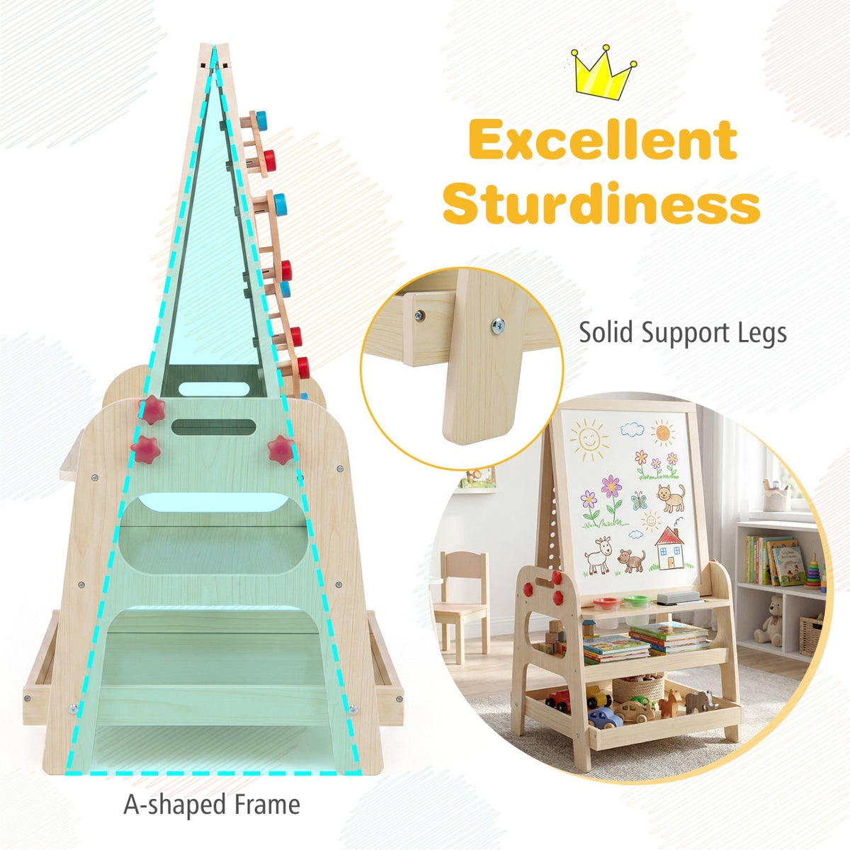 Kids art easel by GBruno with magnetic whiteboard and marble run, featuring colorful drawing surface and playful educational design.