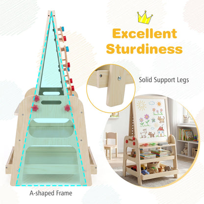 Kids art easel by GBruno with magnetic whiteboard and marble run, featuring colorful drawing surface and playful educational design.