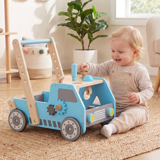 Wooden baby walker by GBruno Store with adjustable speed and storage, featuring a sturdy design and smooth wheels for toddler mobility.