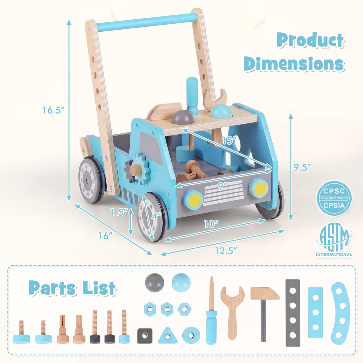 Wooden 2-in-1 baby walker with adjustable speed and storage, featuring a sturdy frame and colorful design for toddlers.