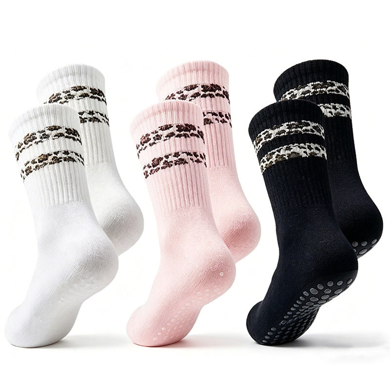 Women's striped leopard-print floor socks folded together-resistant and cozy looking.