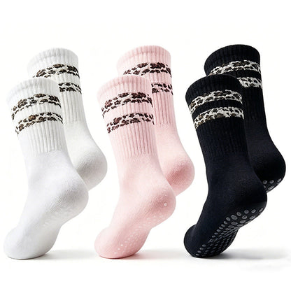 Women's striped leopard-print floor socks folded together-resistant and cozy looking.