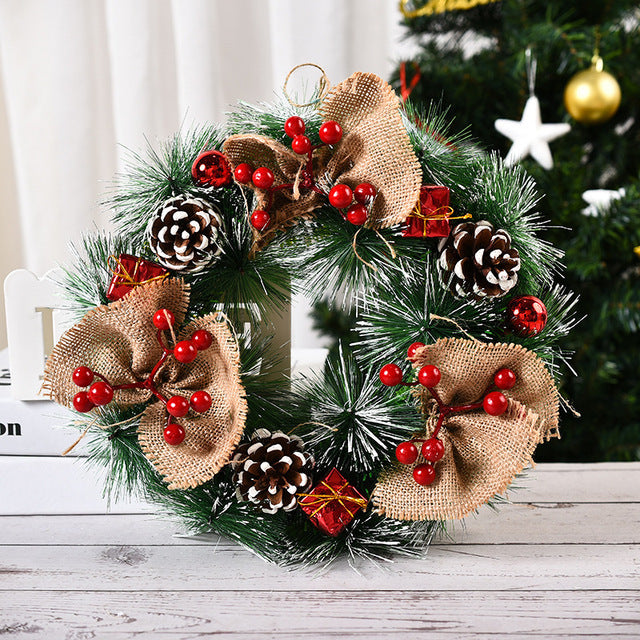 Christmas decorations garland wreath with festive greenery and ornaments, displayed for holiday decor