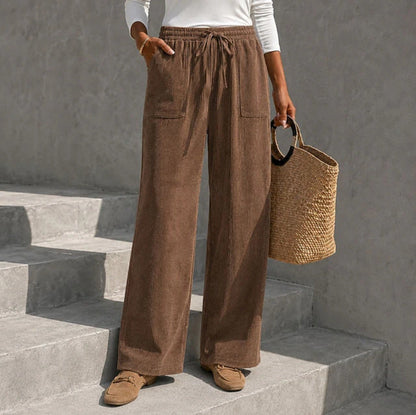 Women's corduroy wide-leg pants with elastic waist and drawstring, loose casual long pants