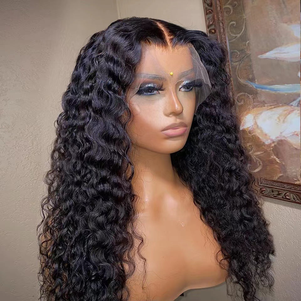 Long curly front lace wig for women made from chemical fiber hair, shown in a natural style