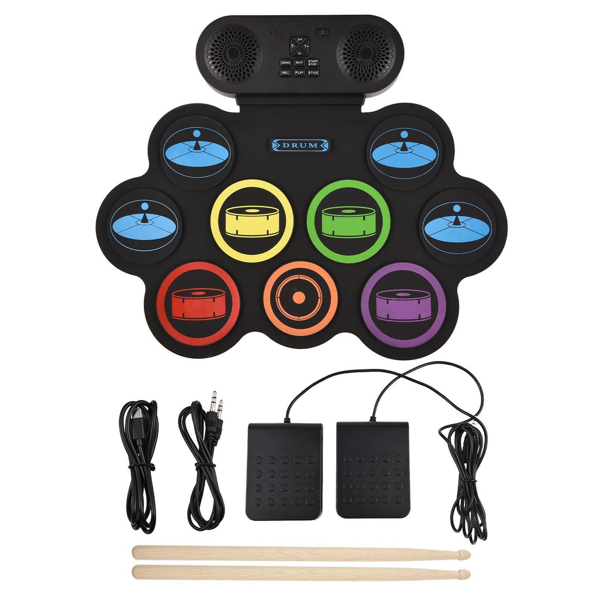 Portable silicone jazz drum set percussion instrument with drum pads and sticks