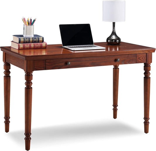 Mission oak finish desk with a 48-inch solid wood keyboard drawer, sleek workspace furniture by ShipItFurniture.