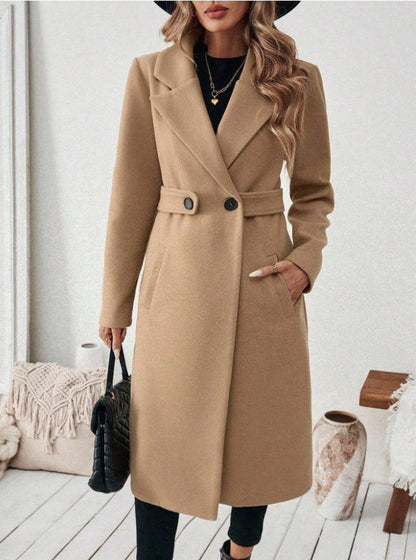 Women’s solid-color wool coat with lapel collar and double-breasted front, full-length view