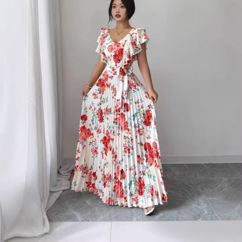Women's V-neck printed ruffle A-line dress by My Store, featuring a flowing silhouette and feminine detailing