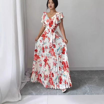 Women's V-neck printed ruffle A-line dress by My Store, featuring a flowing silhouette and feminine detailing