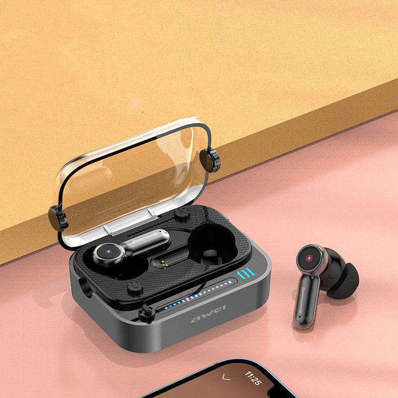 Wireless earbuds with voice wake-up and gaming features, shown in a compact charging case