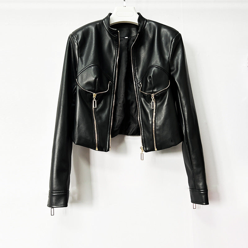 Heavy-duty PU leather moto-style cropped jacket with stand collar and zip front