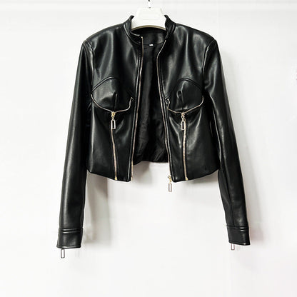 Heavy-duty PU leather moto-style cropped jacket with stand collar and zip front