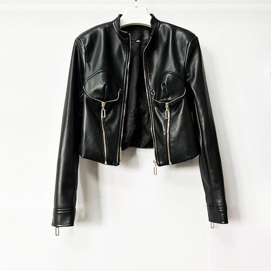 Heavy-duty PU leather moto-style cropped jacket with stand collar and zip front
