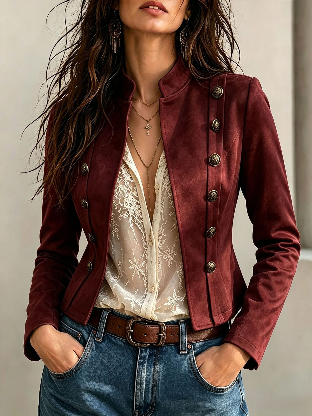 Vintage women's double-breasted short coat with stand-neck collar and button front