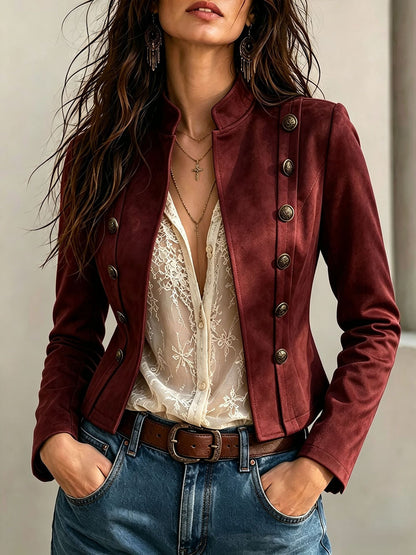 Vintage women's double-breasted short coat with stand-neck collar and button front