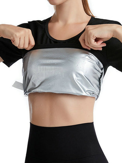 Women's short sleeve sauna shirt sweat suit compression athletic tee top in black with fitted design