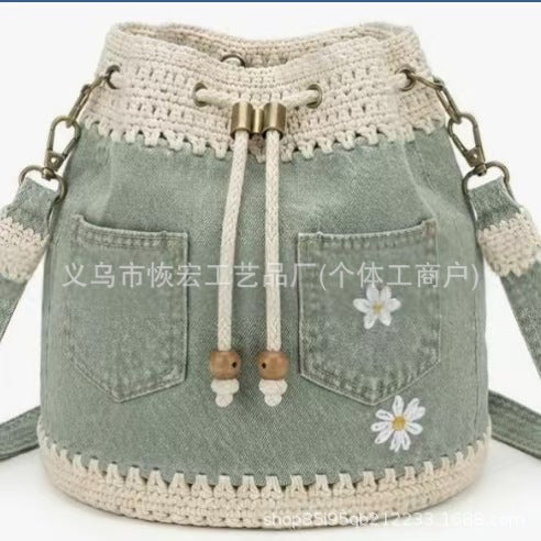 Women's retro denim patchwork crochet bag with versatile shoulder strap and textured woven design
