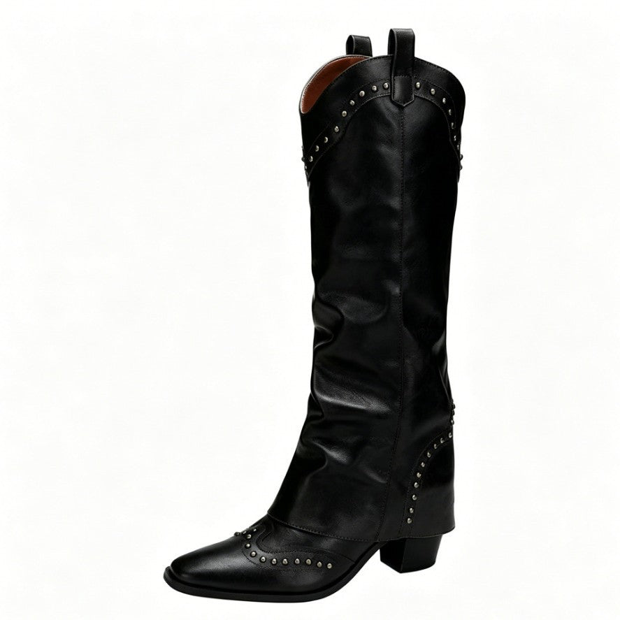 Retro pointed-toe rivet plus-size Western boots in a detailed side view