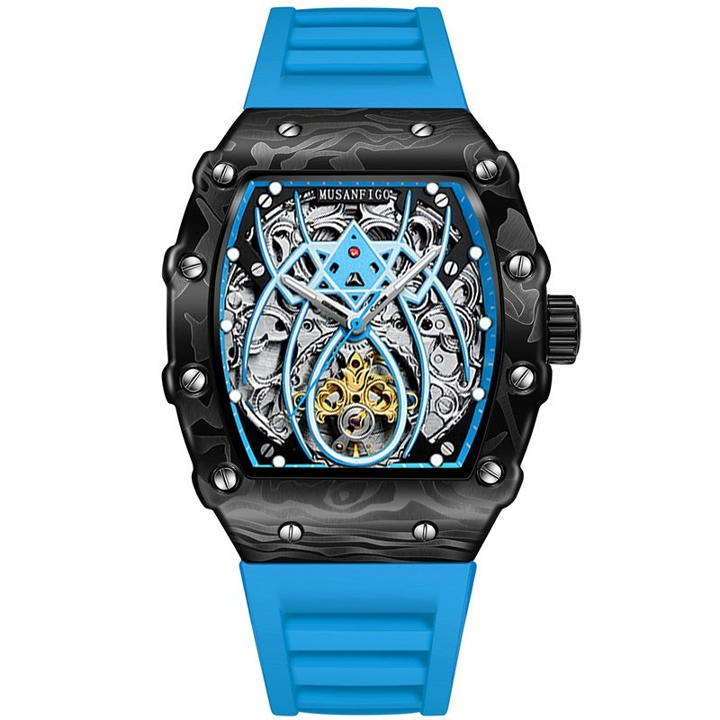 Barrel-shaped Fully Automatic Mechanical Luminous New Sports Fashion Mens Hollow-out Watch