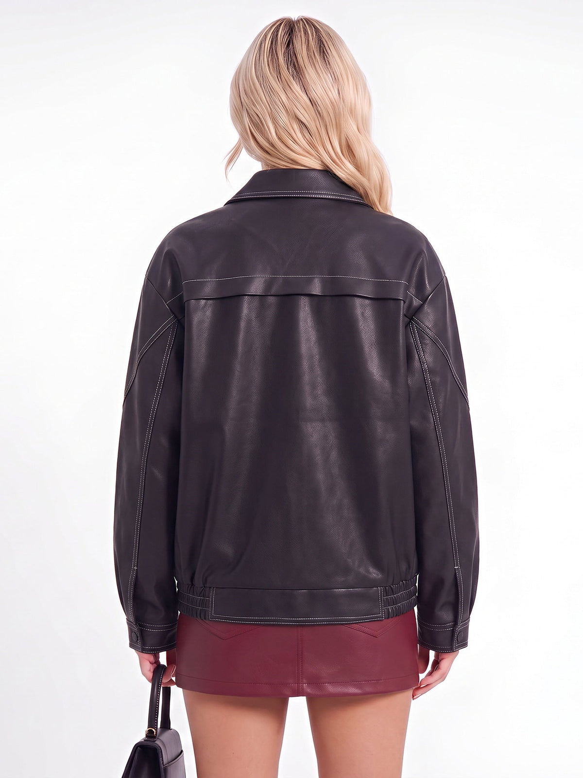 Women's imitation leather oversize motorcycle-style jacket with zipper front and lapel collar