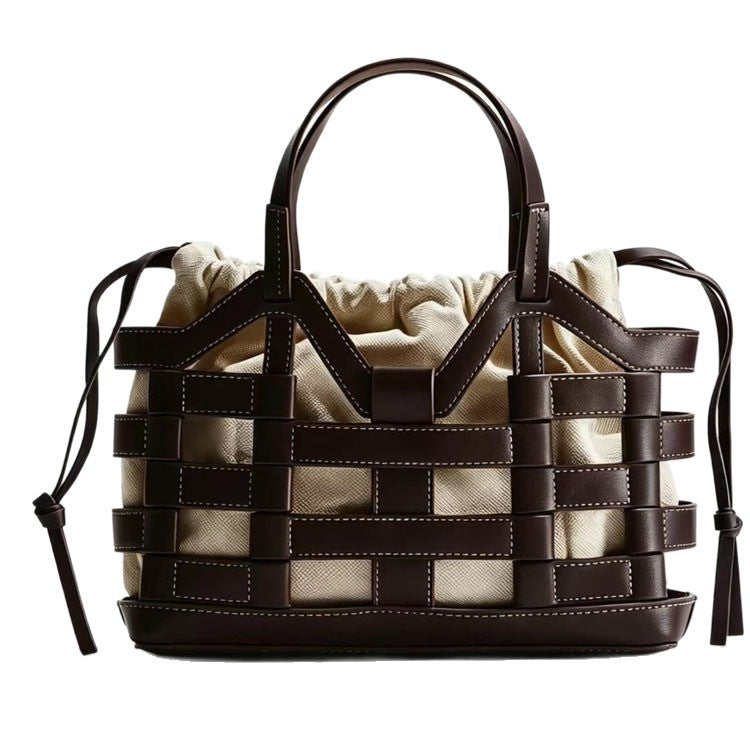 Creative hollowed-out niche large-capacity drawstring patchwork tote bag with spacious interior and textured design