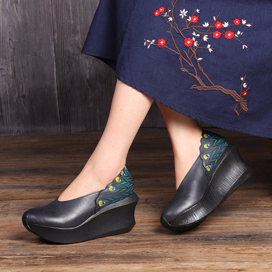 Hand-painted peacock feather platform wedge vintage leather shoes in detailed colorful design