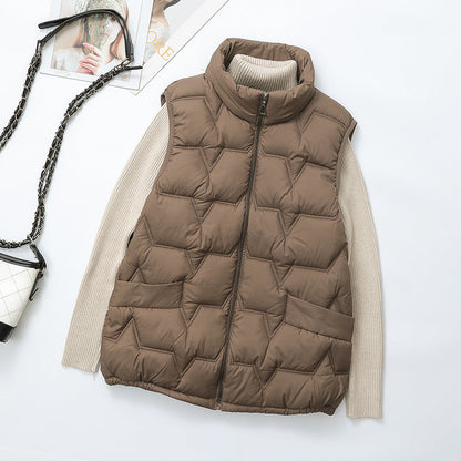Large-size down cotton vest for fall and winter, sleeveless padded outerwear in a warm neutral color